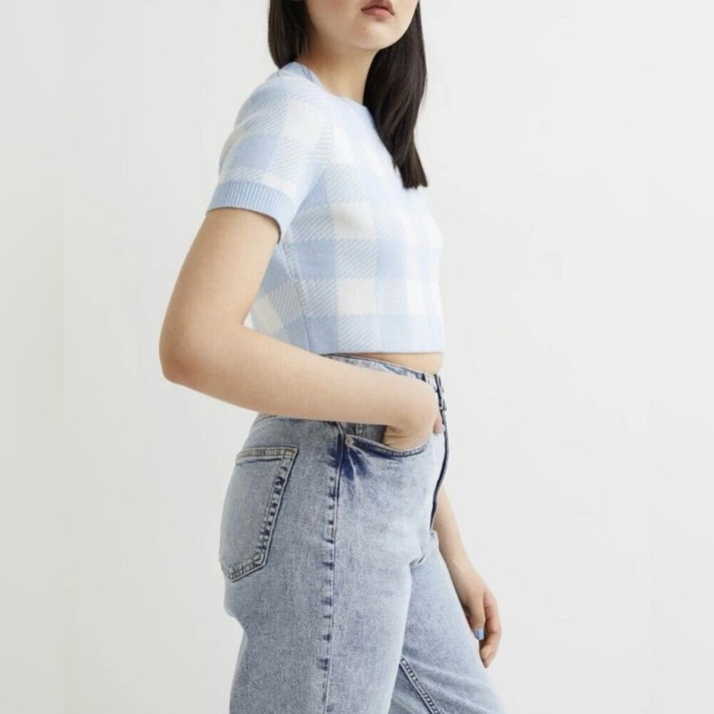 H&M Cropped Plaid Short Sleeve Knit Sweater Top Sz M - Picture 15 of 16